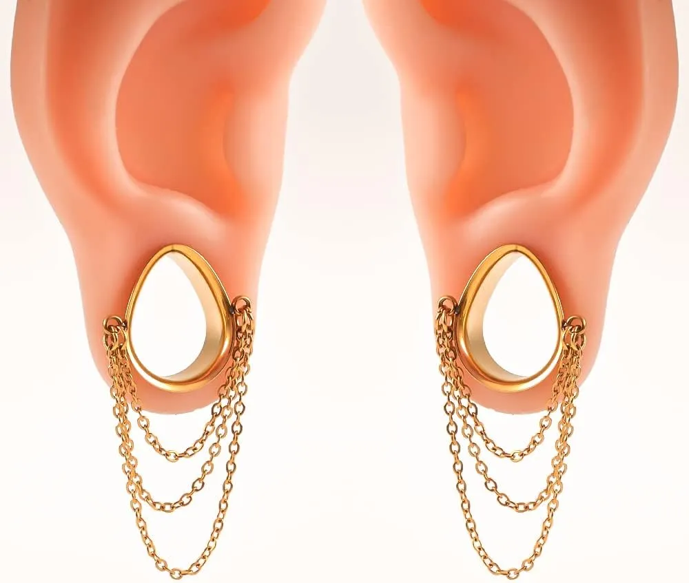 DOEARKO 2 Pcs Ear Gauges Simple Style Tunnels Dangle Plugs with Chain Elegant Stretchers Hypoallergenic Stainless Steel Body Jewelry