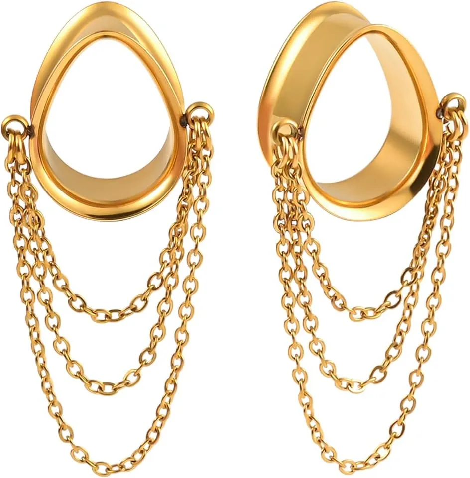 DOEARKO 2 Pcs Ear Gauges Simple Style Tunnels Dangle Plugs with Chain Elegant Stretchers Hypoallergenic Stainless Steel Body Jewelry