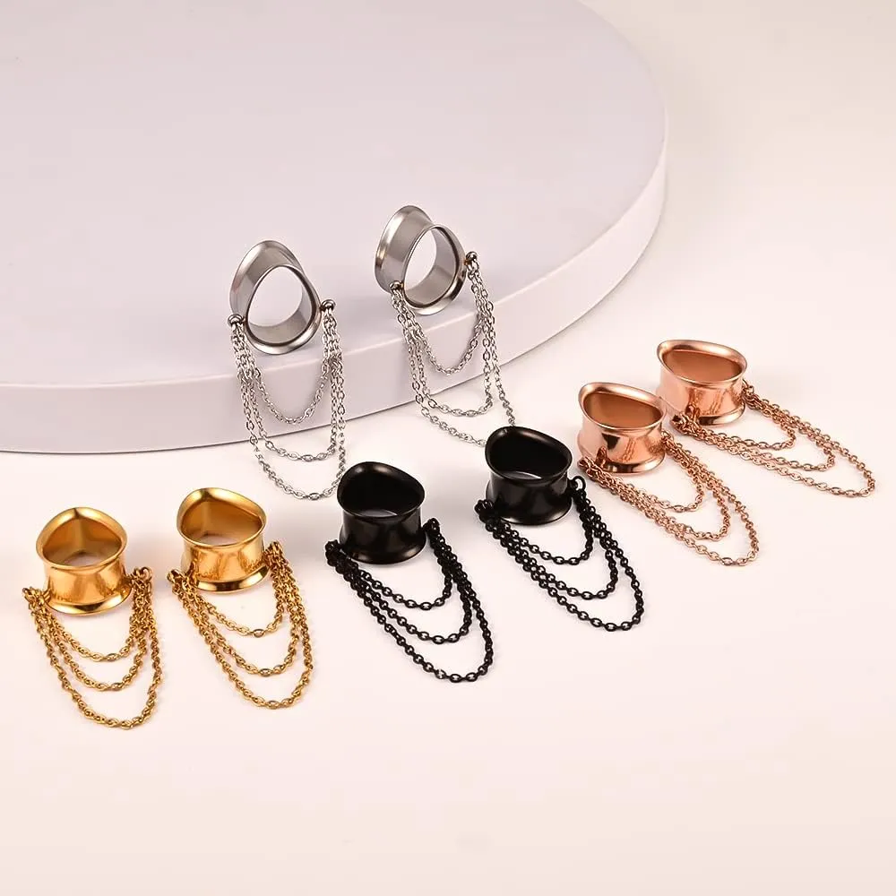 DOEARKO 2 Pcs Ear Gauges Simple Style Tunnels Dangle Plugs with Chain Elegant Stretchers Hypoallergenic Stainless Steel Body Jewelry
