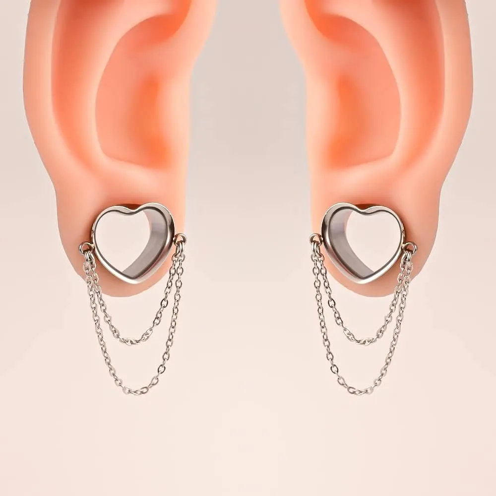 DOEARKO 2 Pcs Ear Gauges Simple Style Tunnels Dangle Plugs with Chain Elegant Stretchers Hypoallergenic Stainless Steel Body Jewelry