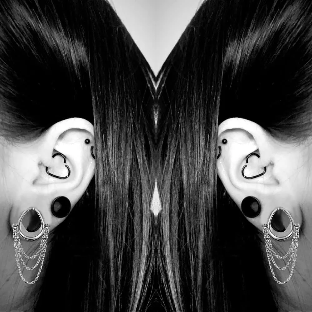 DOEARKO 2 Pcs Ear Gauges Simple Style Tunnels Dangle Plugs with Chain Elegant Stretchers Hypoallergenic Stainless Steel Body Jewelry