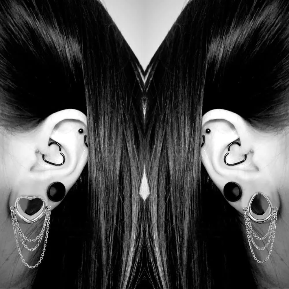 DOEARKO 2 Pcs Ear Gauges Simple Style Tunnels Dangle Plugs with Chain Elegant Stretchers Hypoallergenic Stainless Steel Body Jewelry