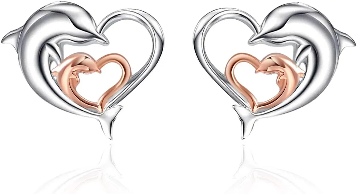 Dolphin Earrings Gifts for Women 925 Sterling Silver Gold Plated Eternal Love Heart Double Dolphin Stud Earrings Christmas Gifts for Women Girls (Rose gold dolphin earrings)