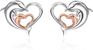 Dolphin Earrings Gifts for Women 925 Sterling Silver Gold Plated Eternal Love Heart Double Dolphin Stud Earrings Christmas Gifts for Women Girls (Rose gold dolphin earrings)
