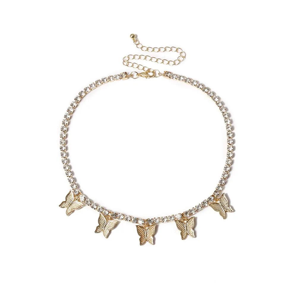 Doubnine Butterfly Necklace Choker Bling Iced CZ Tennis Chain Jewelry Gift for Women Girls (gold)