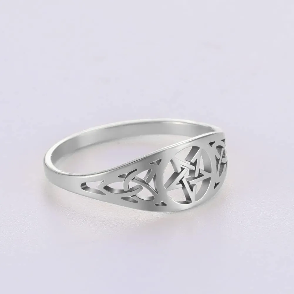 Dreamtimes Irish Knot Celtics Star Ring for Women Supernatural Pentagram Wicca Amulet Couple Rings Hamsa Fatima Hand Ring Vintage Religion Amulet Stainless Steel Jewelry Gifts