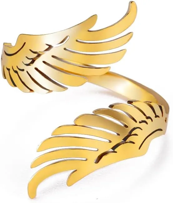 Dreamtimes Open Ring with Flying Angel Wings for Women and Men Adjustable Stainless Steel Ring Hip Hop Punk Ring
