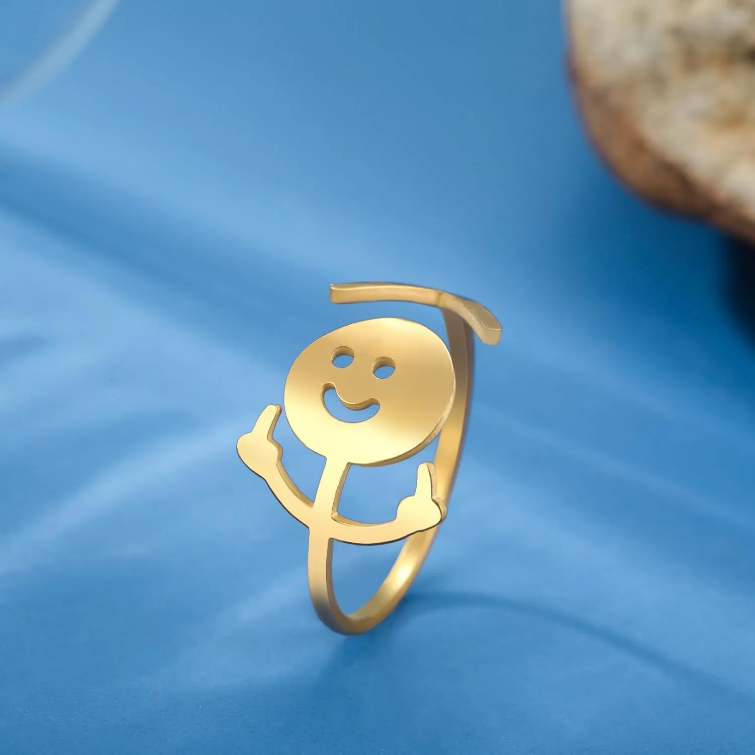 Dreamtimes Smiley Face Figurine Sign Language Rings for Women Men Adjustable Ring with Opening Stainless Steel Finger Medium Stickman Couple Rings