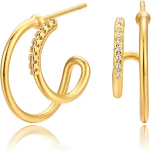 Dremmy Studios Chunky Gold Hoop Earrings for Women 14K Real Gold Plated, 925 Sterling Silver Post Cubic Zirconia Gold Hoops for Women, Twisted Thick Open Hoops Hypoallergenic