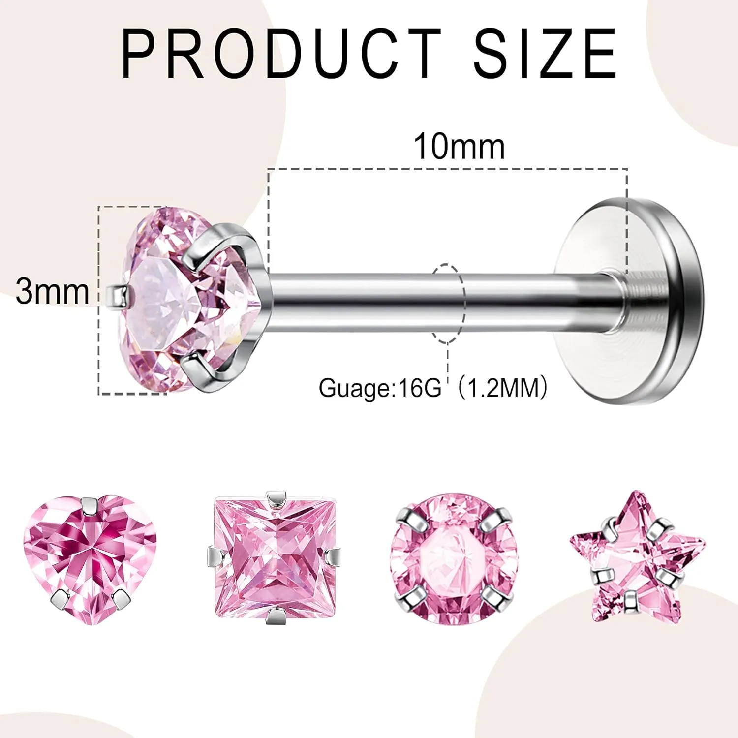 Drperfect 16G Internally Threaded Labret Stud Lip Rings Medusa Monroe Piercing 316L Stainless Steel CZ Cartilage Tragus Piercing Jewelry Forward Helix Earrings Nose Piercing 6mm 8mm 10mm