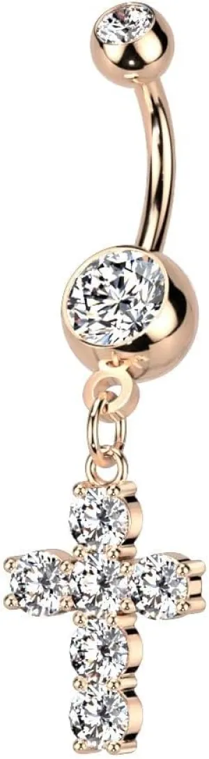 Dynamique Large Prong Set Multi CZ Cross Dangle 316L Surgical Steel Belly Button Ring (Sold Per Piece)