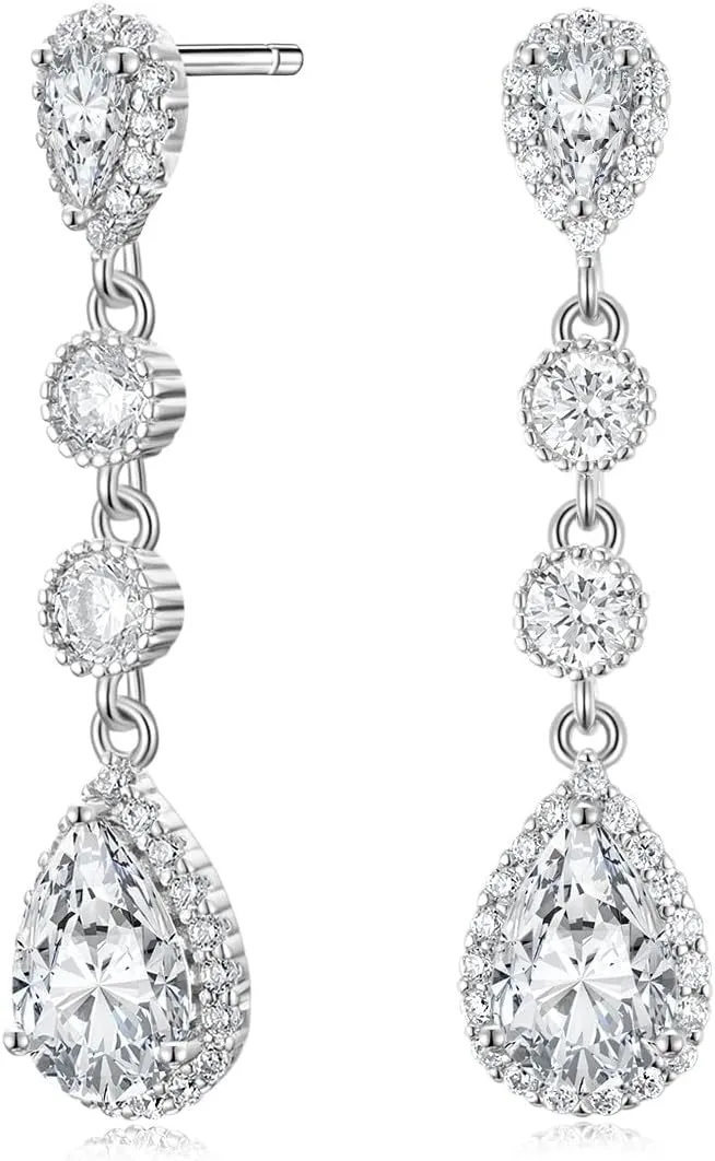 EAMTI Silver Dangle Teardrop Earrings for Women Cubic Zirconia Pear Cut Wedding Birdal Sterling Silver Post Engagement Drop Earrings for Brides