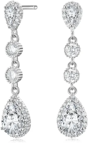EAMTI Silver Dangle Teardrop Earrings for Women Cubic Zirconia Pear Cut Wedding Birdal Sterling Silver Post Engagement Drop Earrings for Brides