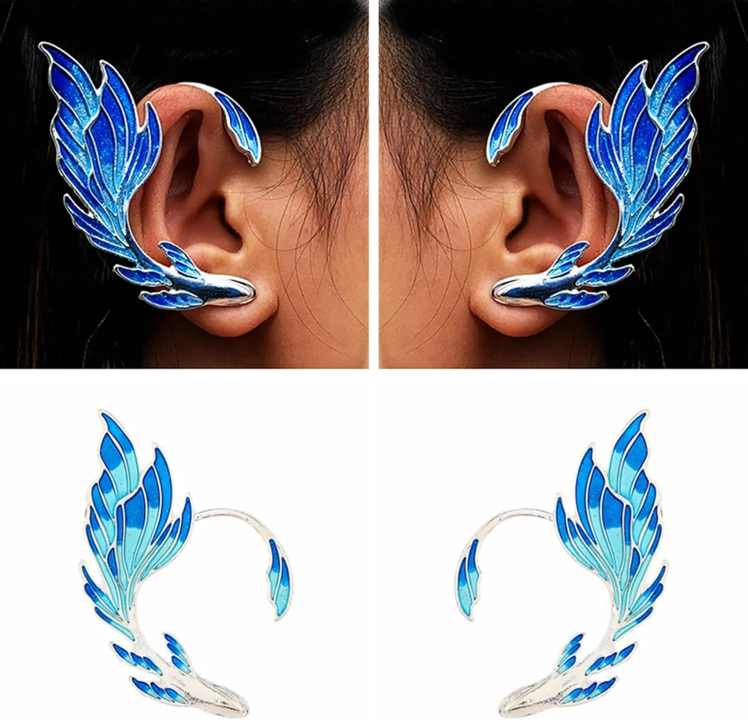 Earring Hoop Stud Drop & Dangle,Ear Cuff Luxury Blue Painted Dripping Oil Craft Without Piercing Fashion Fairy Wings Shape Ear Bone Clip Jewelry