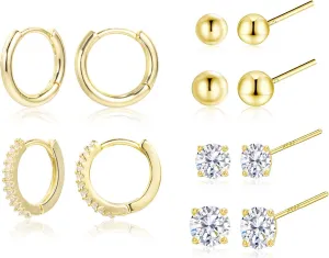 Earring Sets for Multiple Piercing | 14K Gold Plated Studs Earrings and Hoops Set Hypoallergenic Small Hoop CZ Ball Studs Earrings for Women Girls6 Pairs
