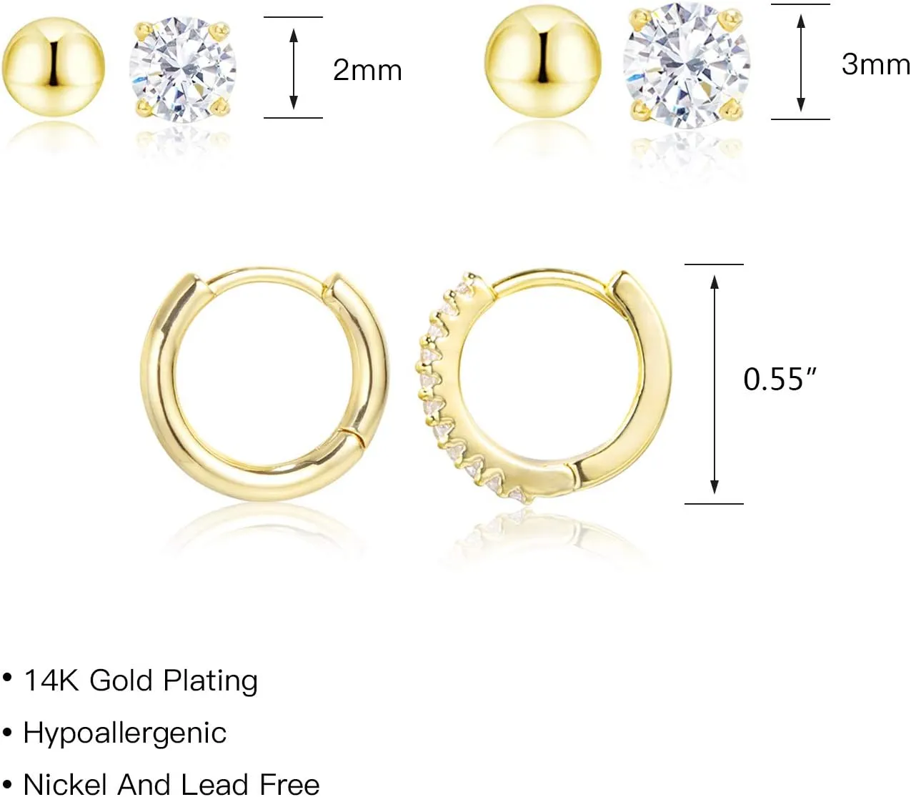 Earring Sets for Multiple Piercing | 14K Gold Plated Studs Earrings and Hoops Set Hypoallergenic Small Hoop CZ Ball Studs Earrings for Women Girls6 Pairs