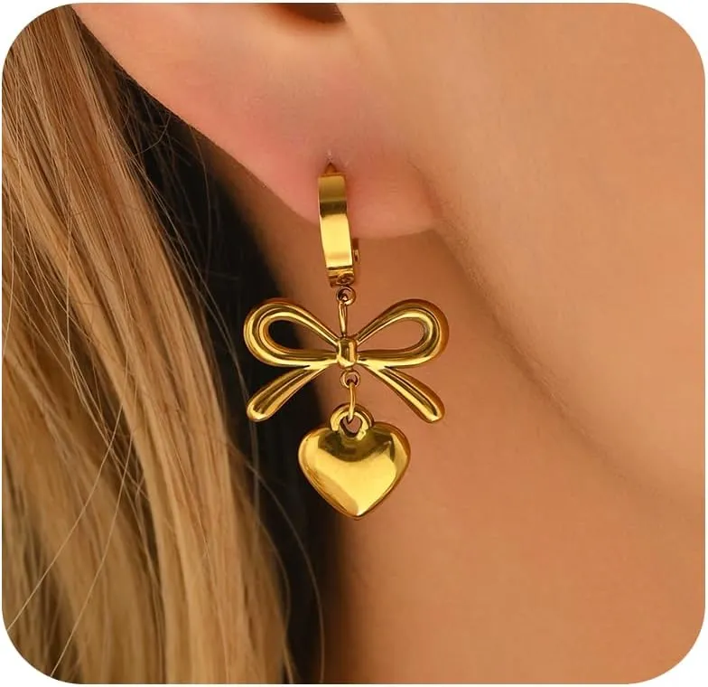 Earrings for Women 18K Gold Plated Dainty Bow Butterfly Earrings Trendy Bow Stud Hoop Earrings Drop Dangle Jewelry Gift