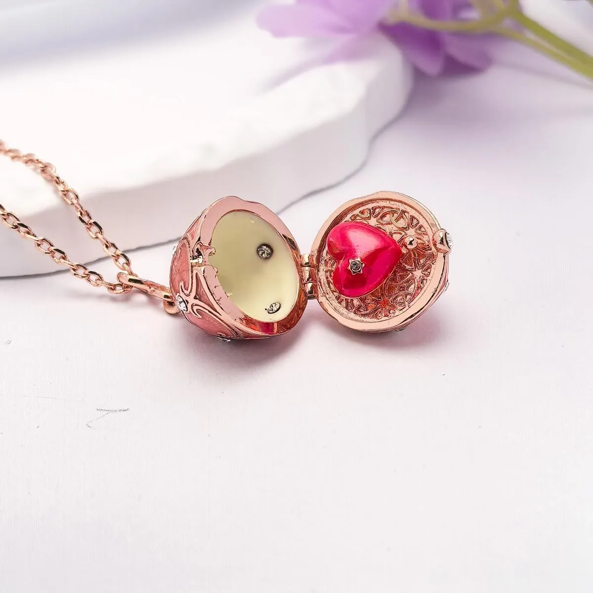 Easter Egg Necklace for Women Handmade Enamel Easter Gift Clover Necklace for Women Snowflake Sweater Chain Openable Red Heart Egg Necklace Gift for Wife Daughter