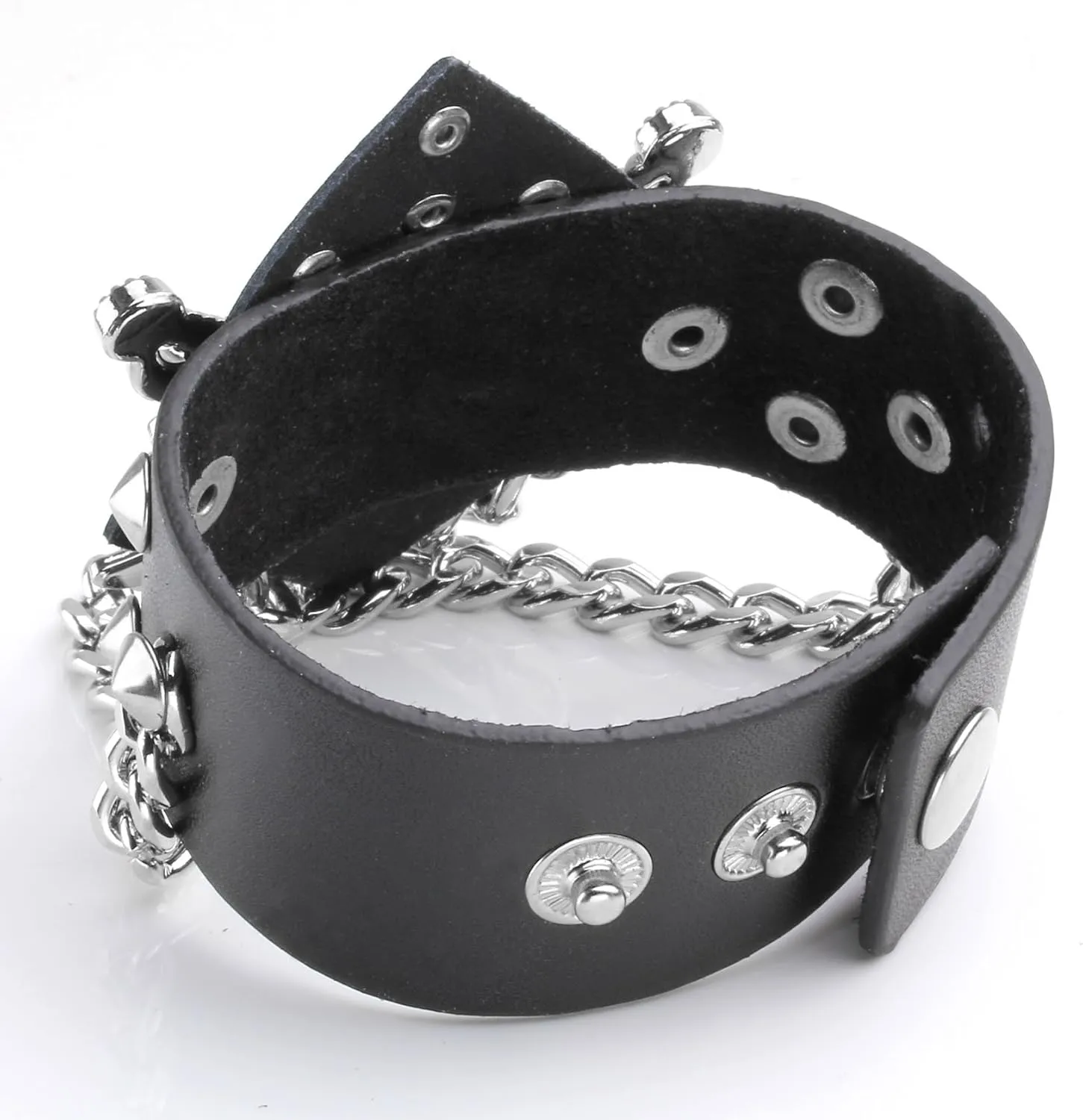 Eigso Black PU Leather Cuff Skull Biker Bracelet Wristband for Women Men Chains Bangle Adjustable