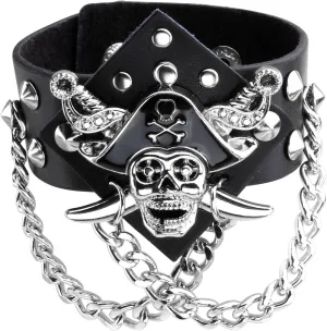 Eigso Black PU Leather Cuff Skull Biker Bracelet Wristband for Women Men Chains Bangle Adjustable