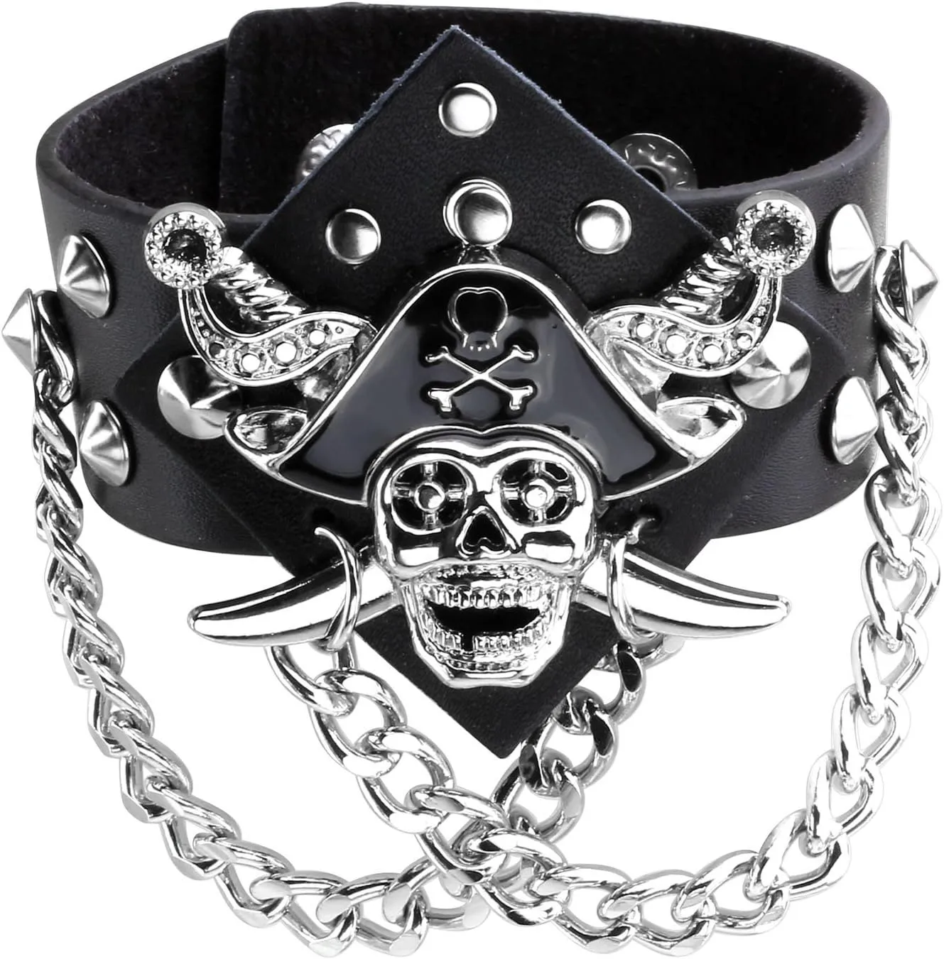 Eigso Black PU Leather Cuff Skull Biker Bracelet Wristband for Women Men Chains Bangle Adjustable
