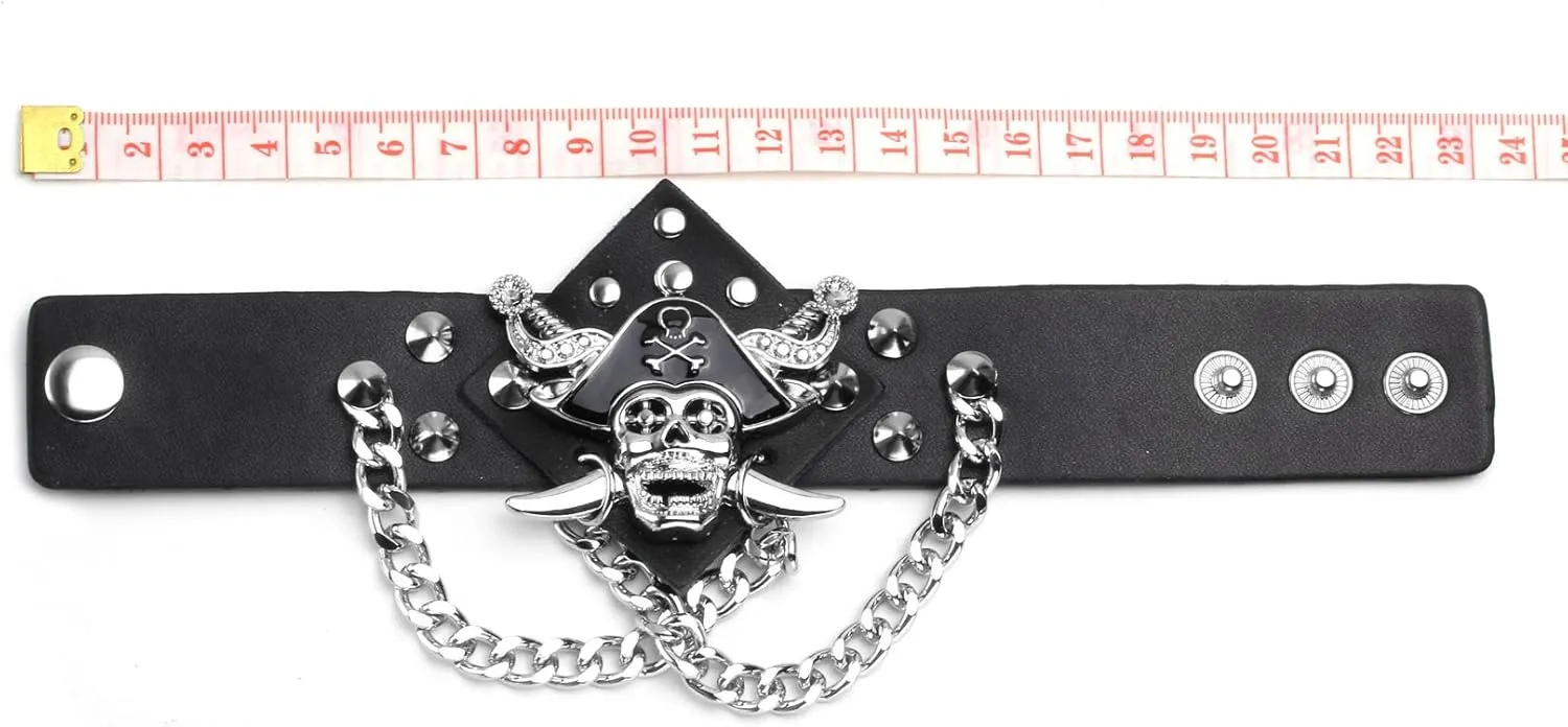 Eigso Black PU Leather Cuff Skull Biker Bracelet Wristband for Women Men Chains Bangle Adjustable