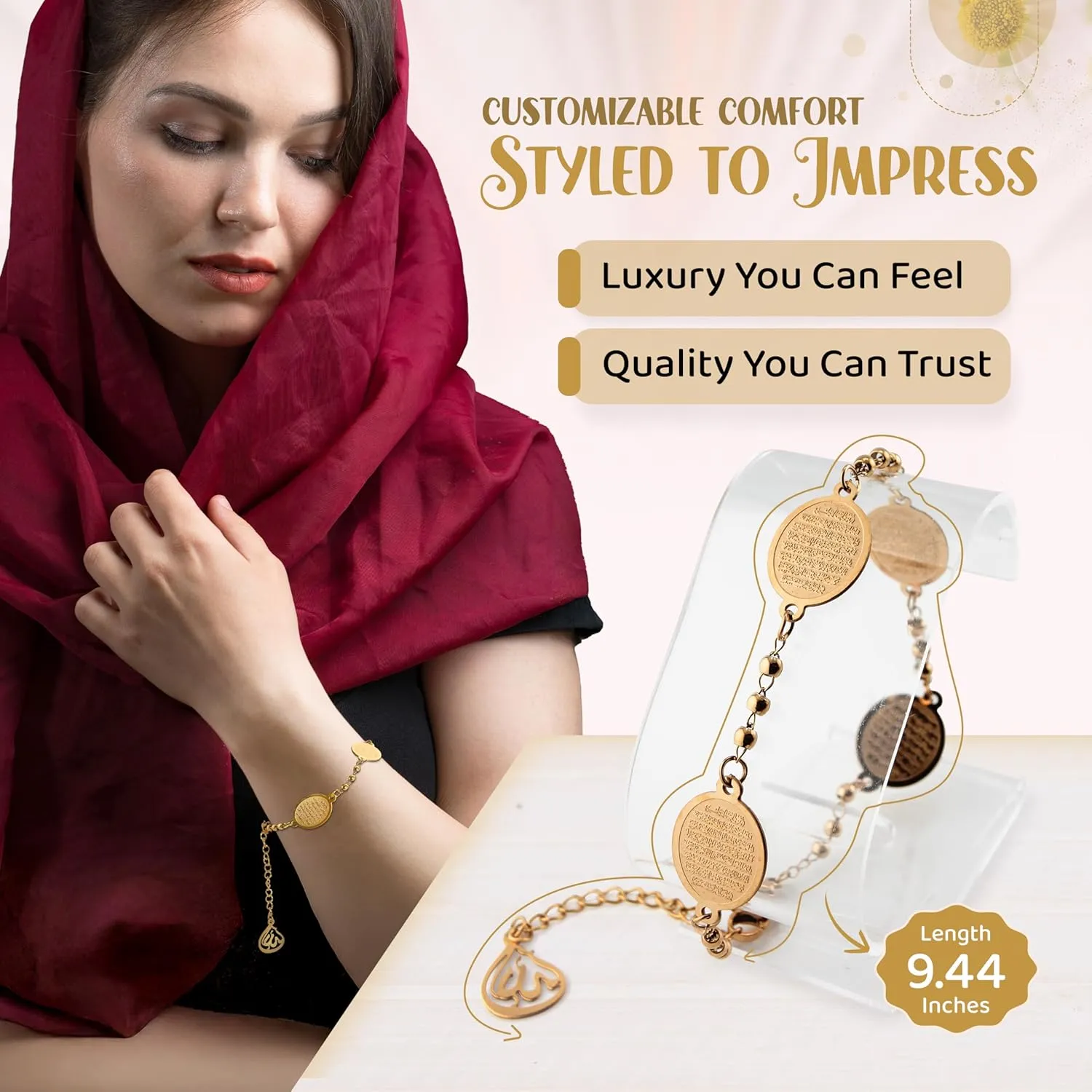Elegant Ayatul Kursi Bracelet with Allah Pendant - Perfect Islamic Gifts Islamic Jewerly for Women: Ramadan New Year Special Arabic Bracelet