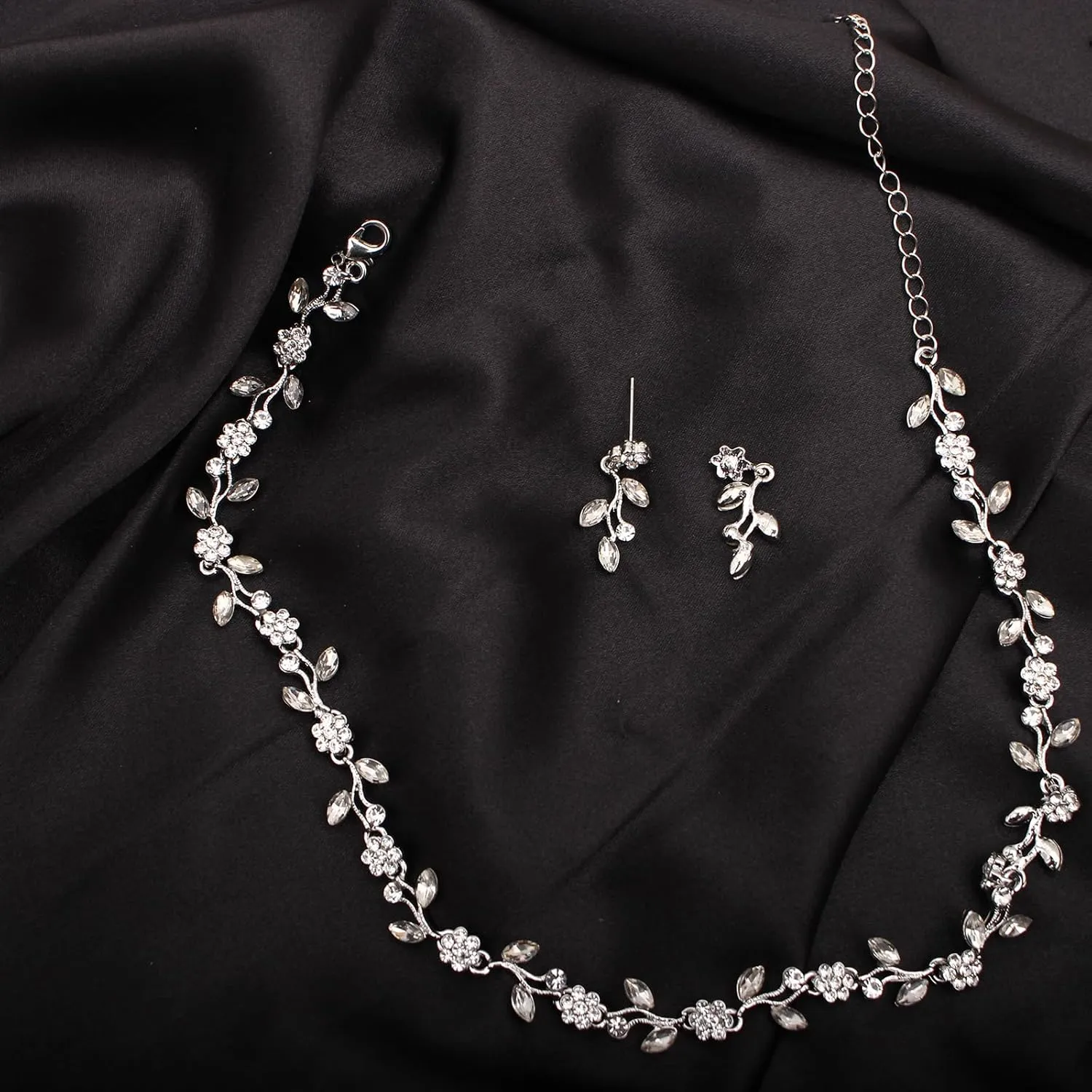 Elegant Bridal Bridesmaid Marquise Austrian Crystal Rhinestone Flower Leaf Choker Necklace Dangle Earrings Tennis Bracelet Jewelry Sets for Party Prom