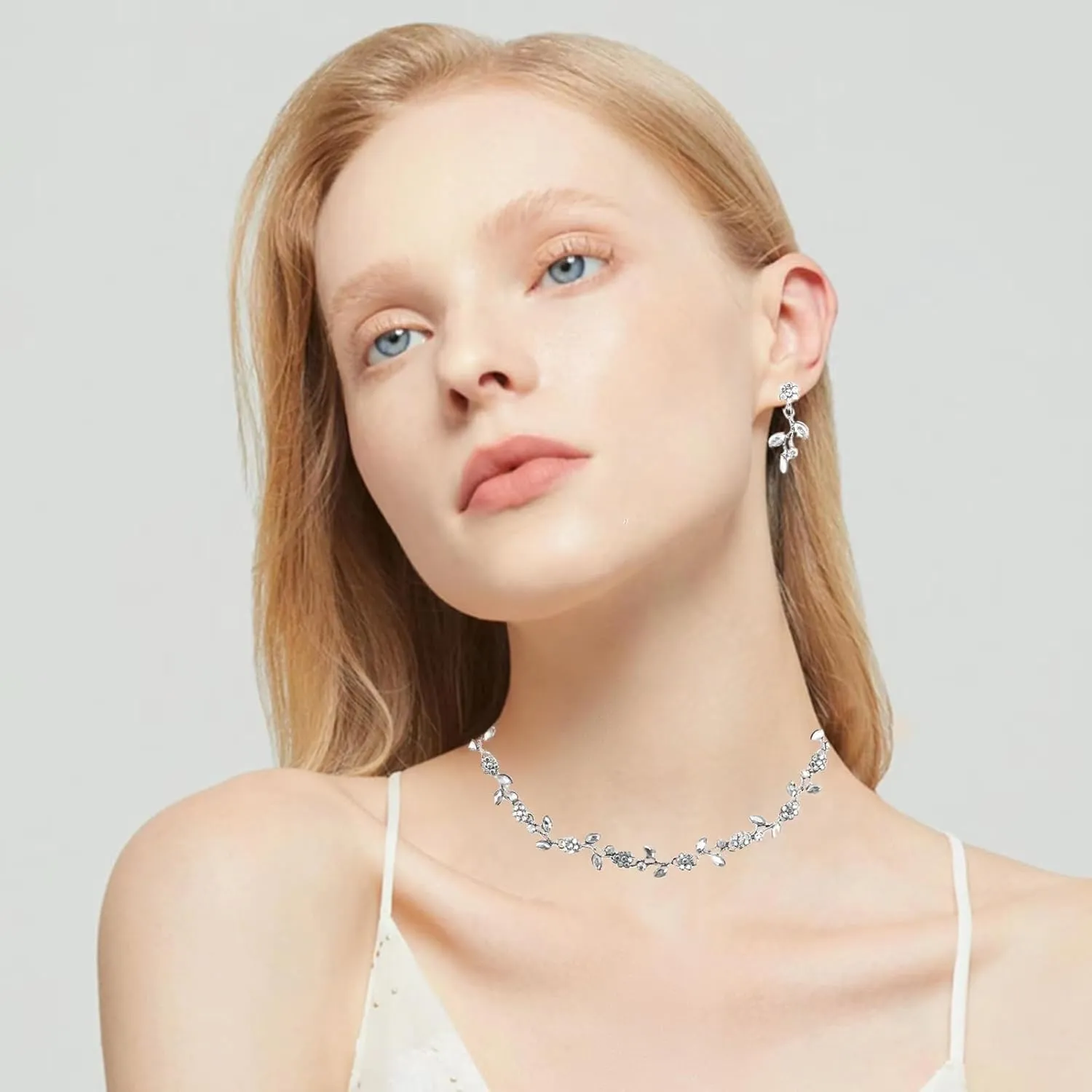 Elegant Bridal Bridesmaid Marquise Austrian Crystal Rhinestone Flower Leaf Choker Necklace Dangle Earrings Tennis Bracelet Jewelry Sets for Party Prom