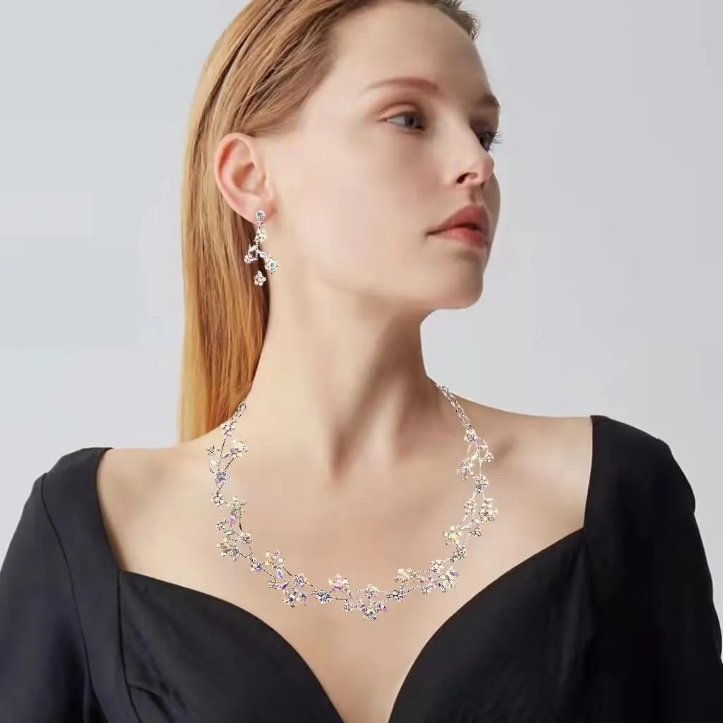 Elegant Brides Bridesmaid Austrian Crystal Choker Necklace Dangle Earring Link Bracelet Bridal Wedding Jewelry Set for Prom Costume Accessories for Women