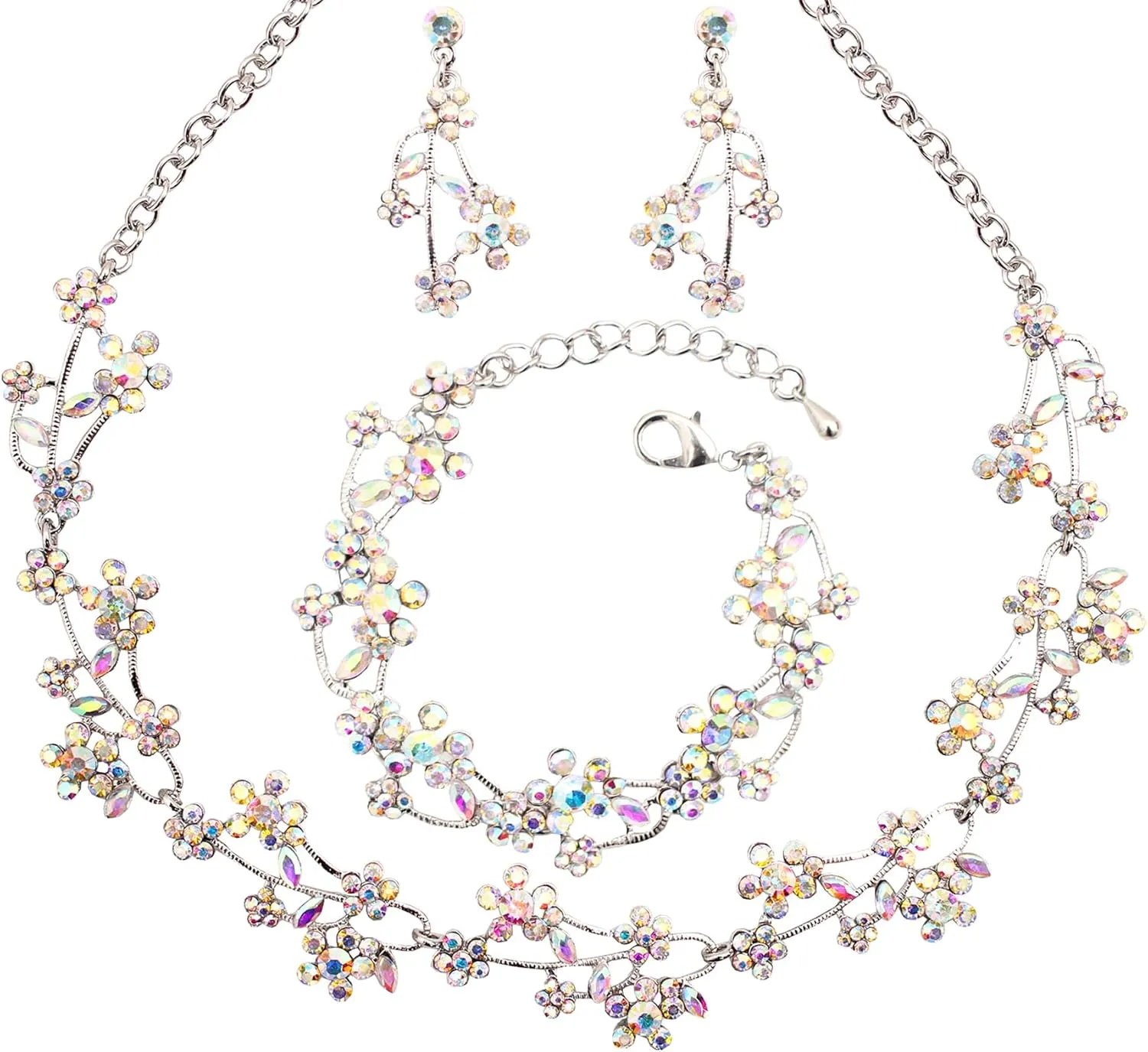 Elegant Brides Bridesmaid Austrian Crystal Choker Necklace Dangle Earring Link Bracelet Bridal Wedding Jewelry Set for Prom Costume Accessories for Women