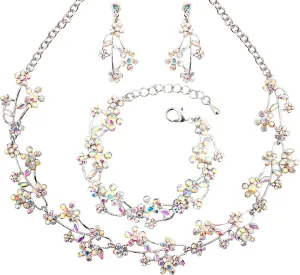 Elegant Brides Bridesmaid Austrian Crystal Choker Necklace Dangle Earring Link Bracelet Bridal Wedding Jewelry Set for Prom Costume Accessories for Women