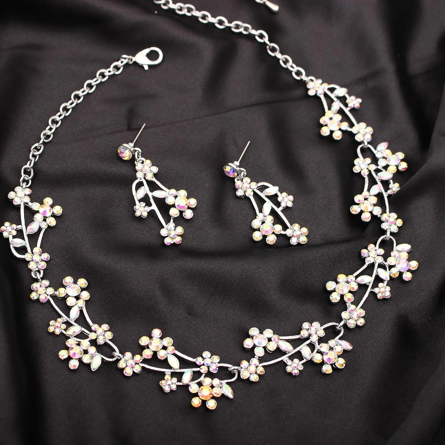 Elegant Brides Bridesmaid Austrian Crystal Choker Necklace Dangle Earring Link Bracelet Bridal Wedding Jewelry Set for Prom Costume Accessories for Women