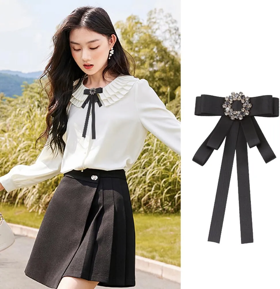 Elegant Crystal Bow Brooch Pre-Tied Neck Tie Brooch Pin Satin Ribbon Bow Tie for Women Wedding Party Bow Tie