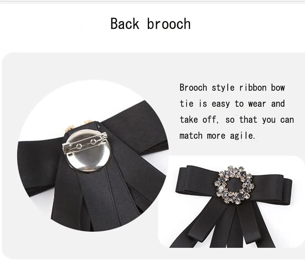 Elegant Crystal Bow Brooch Pre-Tied Neck Tie Brooch Pin Satin Ribbon Bow Tie for Women Wedding Party Bow Tie