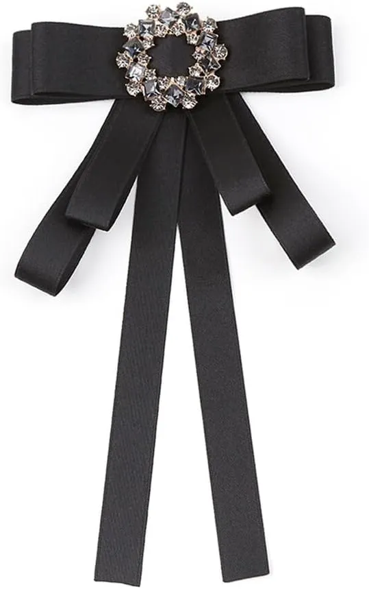 Elegant Crystal Bow Brooch Pre-Tied Neck Tie Brooch Pin Satin Ribbon Bow Tie for Women Wedding Party Bow Tie