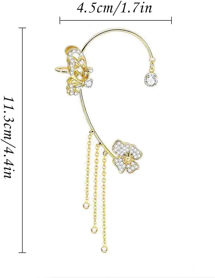 Elegant Ear Cuffs for Women, Butterfly Ear Wrap No Piercing Crystal Rhinestone Dangling Cuff Clip on Earrings for Women, Ear Bone Clip Hook without Pierced 1PCS