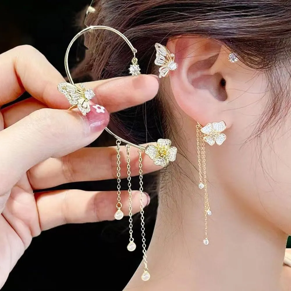 Elegant Ear Cuffs for Women, Butterfly Ear Wrap No Piercing Crystal Rhinestone Dangling Cuff Clip on Earrings for Women, Ear Bone Clip Hook without Pierced 1PCS