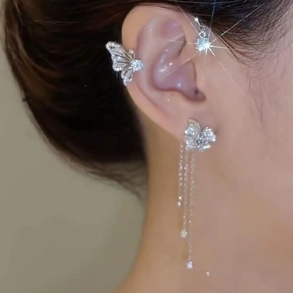 Elegant Ear Cuffs for Women, Butterfly Ear Wrap No Piercing Crystal Rhinestone Dangling Cuff Clip on Earrings for Women, Ear Bone Clip Hook without Pierced 1PCS