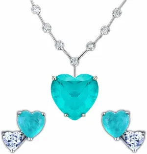 Elegant Jewelry Set for Women - 925 Sterling Silver Simulated Paraiba Tourmaline | Blue Emerald Heart Clear Gemstone Pendant Necklace and Stud Earrings