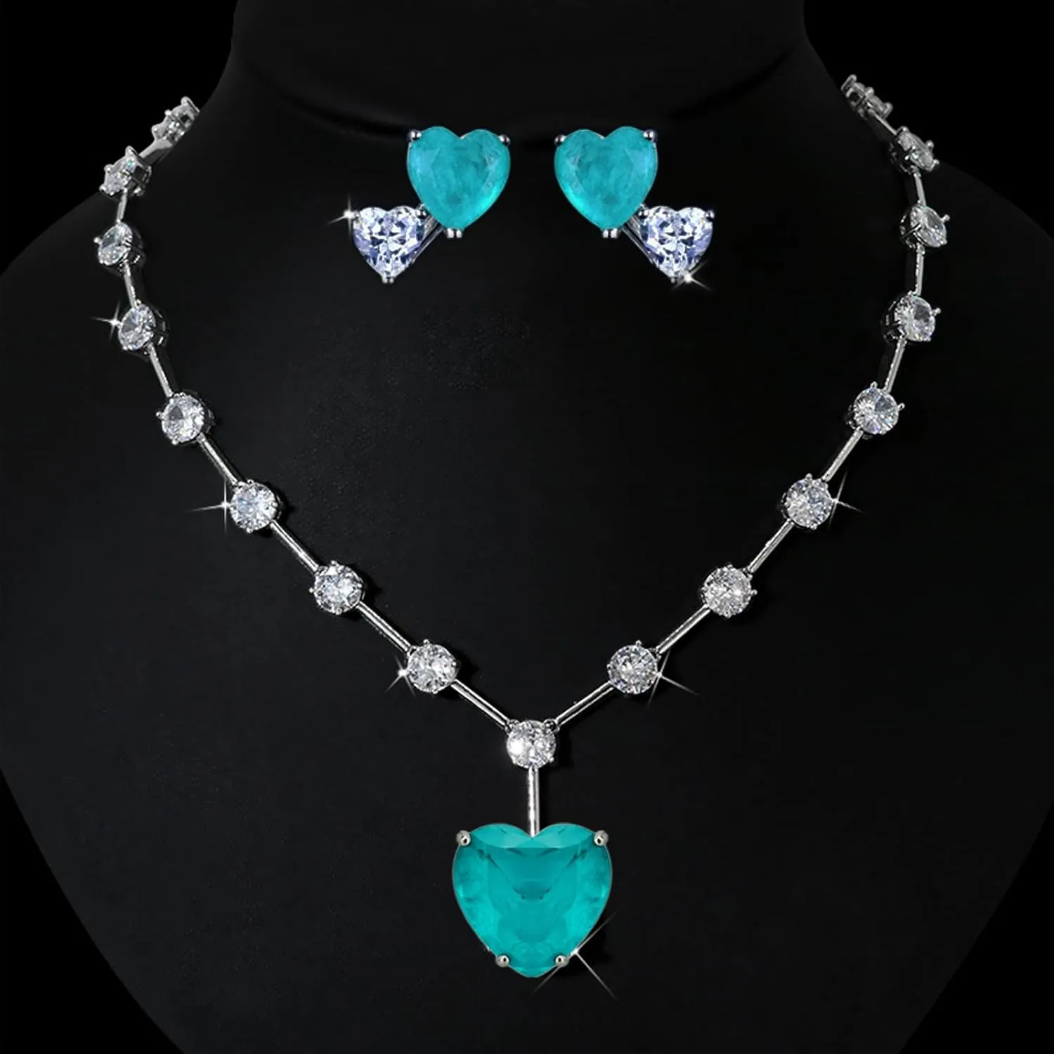 Elegant Jewelry Set for Women - 925 Sterling Silver Simulated Paraiba Tourmaline | Blue Emerald Heart Clear Gemstone Pendant Necklace and Stud Earrings