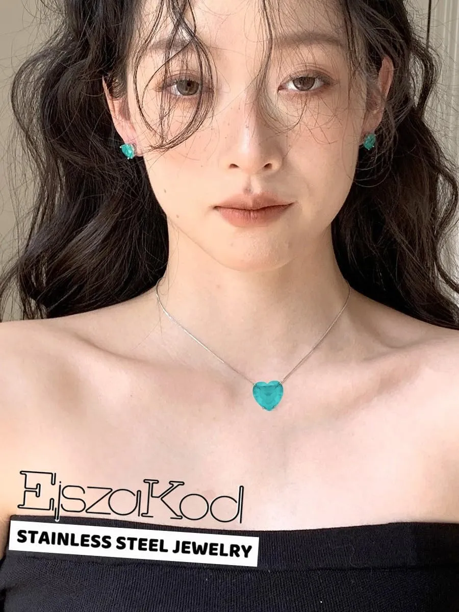 Elegant Jewelry Set for Women - 925 Sterling Silver Simulated Paraiba Tourmaline | Blue Emerald Heart Clear Gemstone Pendant Necklace and Stud Earrings