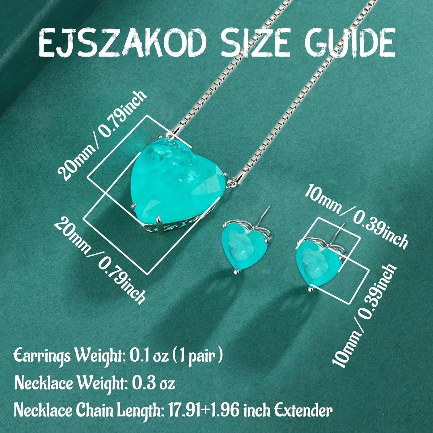 Elegant Jewelry Set for Women - 925 Sterling Silver Simulated Paraiba Tourmaline | Blue Emerald Heart Clear Gemstone Pendant Necklace and Stud Earrings
