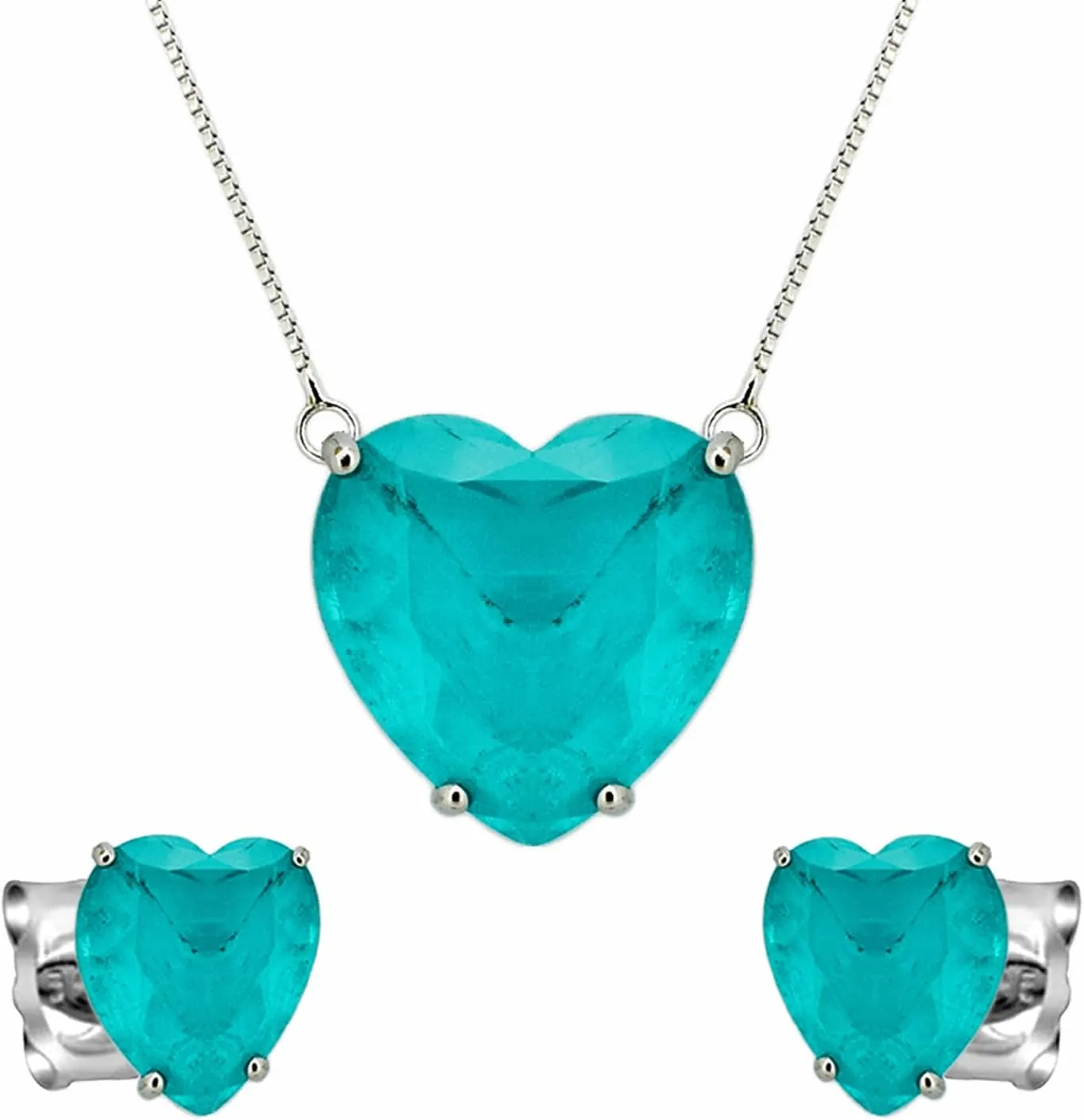 Elegant Jewelry Set for Women - 925 Sterling Silver Simulated Paraiba Tourmaline | Blue Emerald Heart Clear Gemstone Pendant Necklace and Stud Earrings