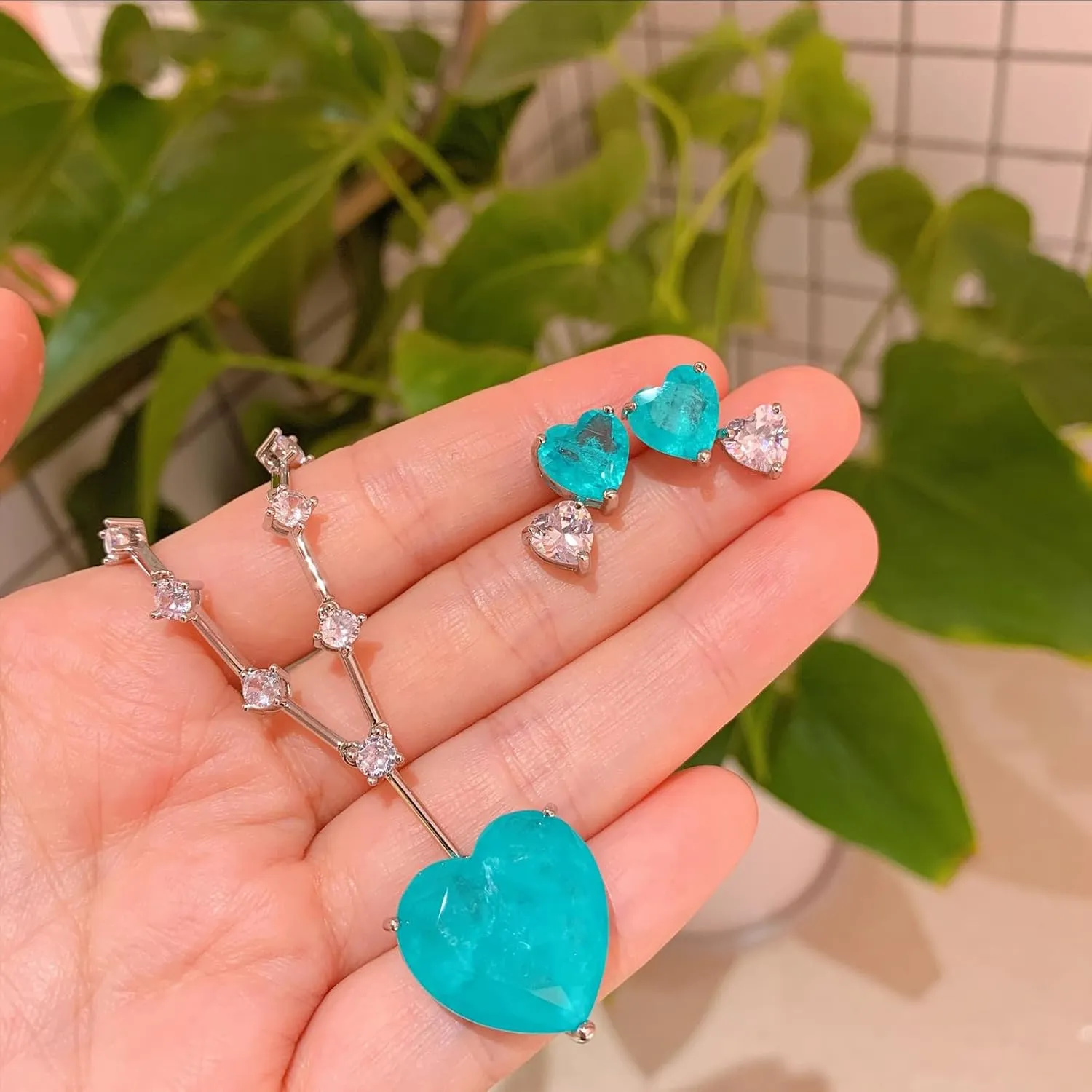Elegant Jewelry Set for Women - 925 Sterling Silver Simulated Paraiba Tourmaline | Blue Emerald Heart Clear Gemstone Pendant Necklace and Stud Earrings
