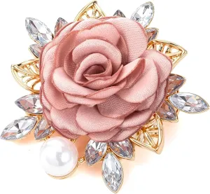 Elegant Rose Flower Brooch Pin, Small Crystal Rhinestone Brooch Pin Dainty Cloth Rose Brooch Pin for Bride Wedding