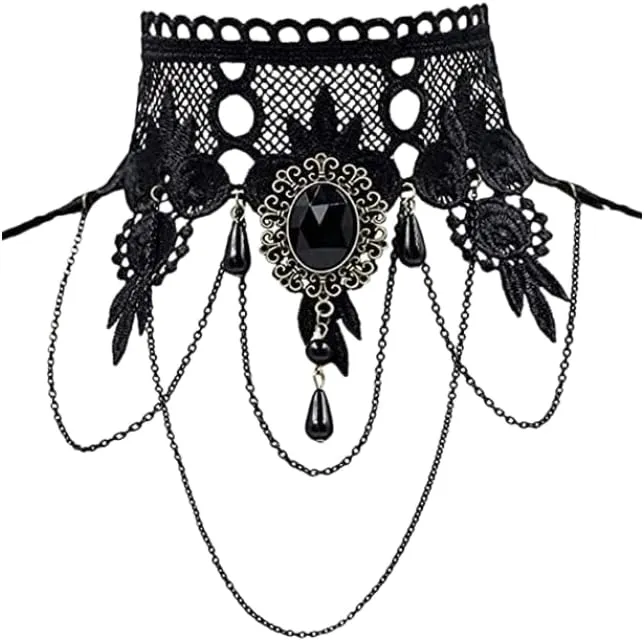 Elegant Vintage Princess Black Lace Gothic Statement Necklace Punk Style Necklace Victorian Lolita Pendant Vampire Chain for Teen Girls