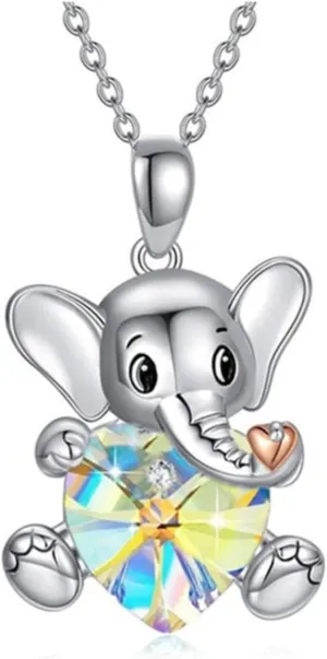 Elephant Heart Pendant Necklace for Women Colorful Crystal Heart Elephant Necklace Animal Lover Daily Jewelry