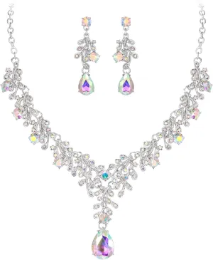 EleQueen Elegant Wedding Costume Crystal Floral Leaf Necklace Dangle Earrings Set for Women, Bridal Jewelry for Bride Bridesmaid Accessories