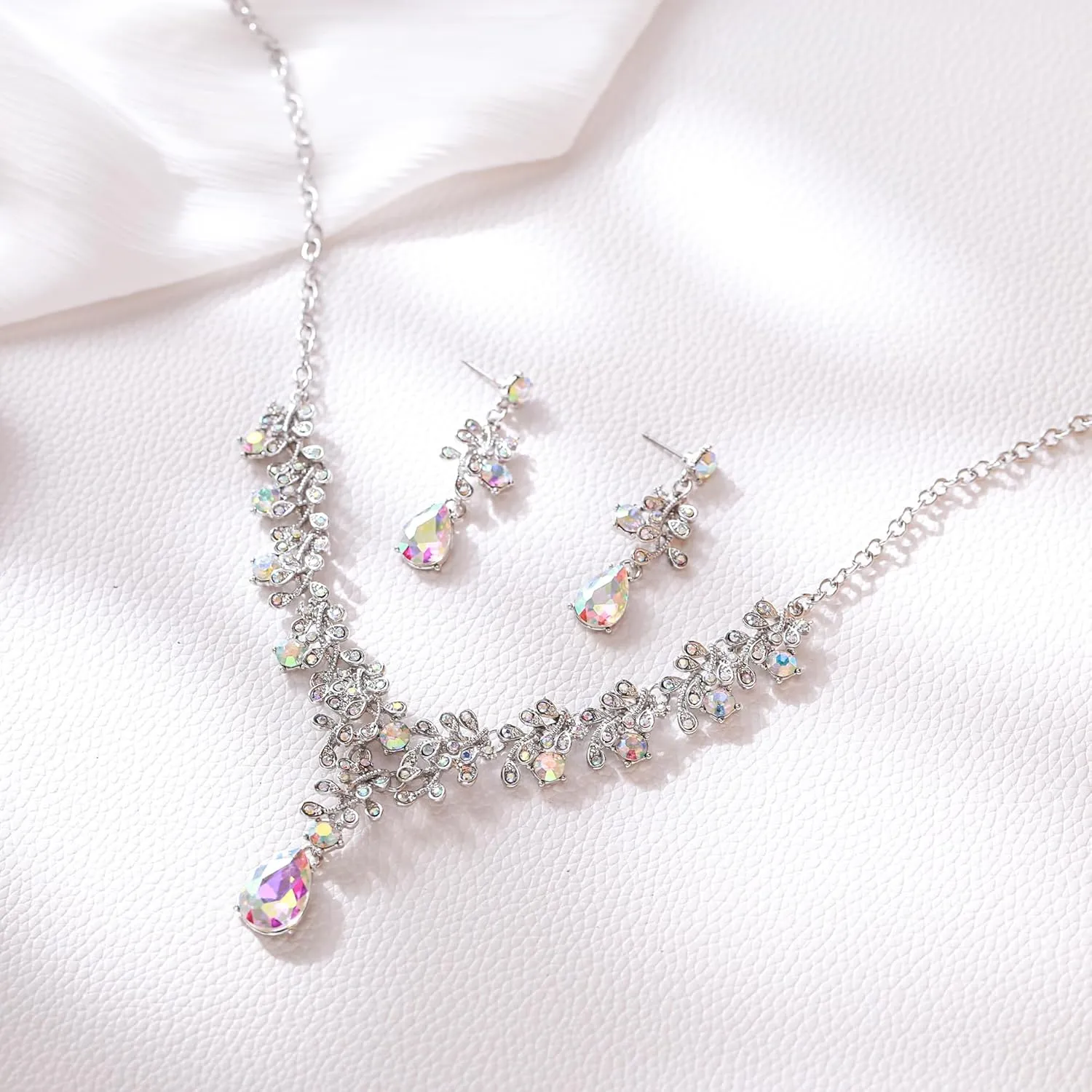 EleQueen Elegant Wedding Costume Crystal Floral Leaf Necklace Dangle Earrings Set for Women, Bridal Jewelry for Bride Bridesmaid Accessories
